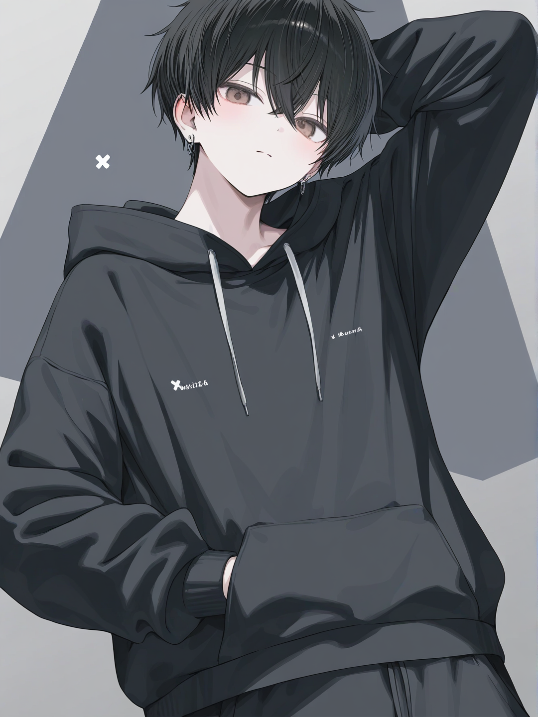 [soft-pastel-style] 1 boy, tall, black hair, brown eyes, fair skin, baggy black hoodie, baggy black sweatpants, earrings, teenager