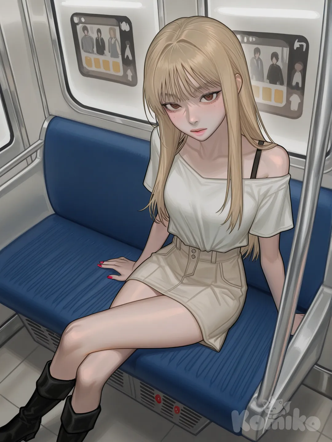 Skinny, long slanted eyes, slim face, subway, crossed legs, view from front above, @minchae-JRQK, [digital-painterly-style]