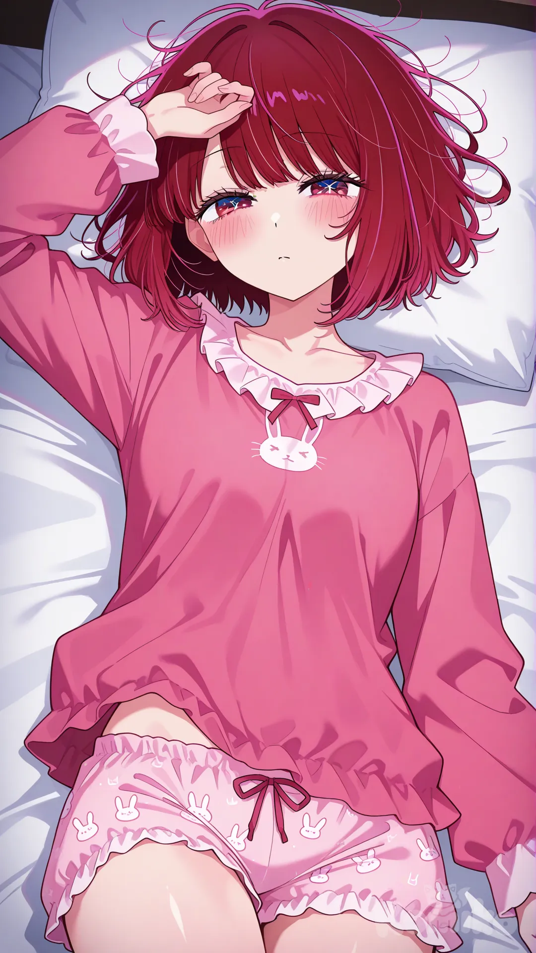 Oshi no ko, Kana Arima, red hair, short hair, A face like someone who just woke up, messy hair, bunny-print underwear, pajama top, Pajama pink
