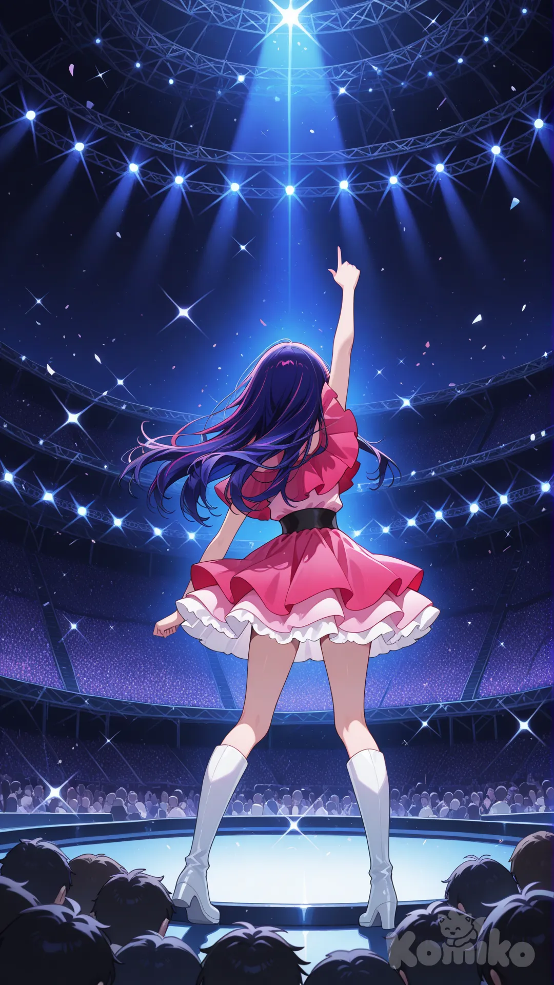 Hoshino Ai seen from behind in the center of a huge nighttime concert stage, Oshi no Ko style, long, bright, flowing purple-blue hair, wearing a bright pink-red idol dress with ruffles and a full skirt, white knee-high boots, right arm raised with index finger pointing to the sky in a victory pose, strong stage lights in shades of blue and purple coming from above, intense white spotlights, blurred audience in the background with thousands of pink and white penlights, crowded arena environment, particles of light floating in the air, magical and exciting atmosphere, digital art in the characteristic Oshi no Ko style, vibrant colors, high contrast, ultra-quality, cinematic lighting --ar 1:1 --stylize 250