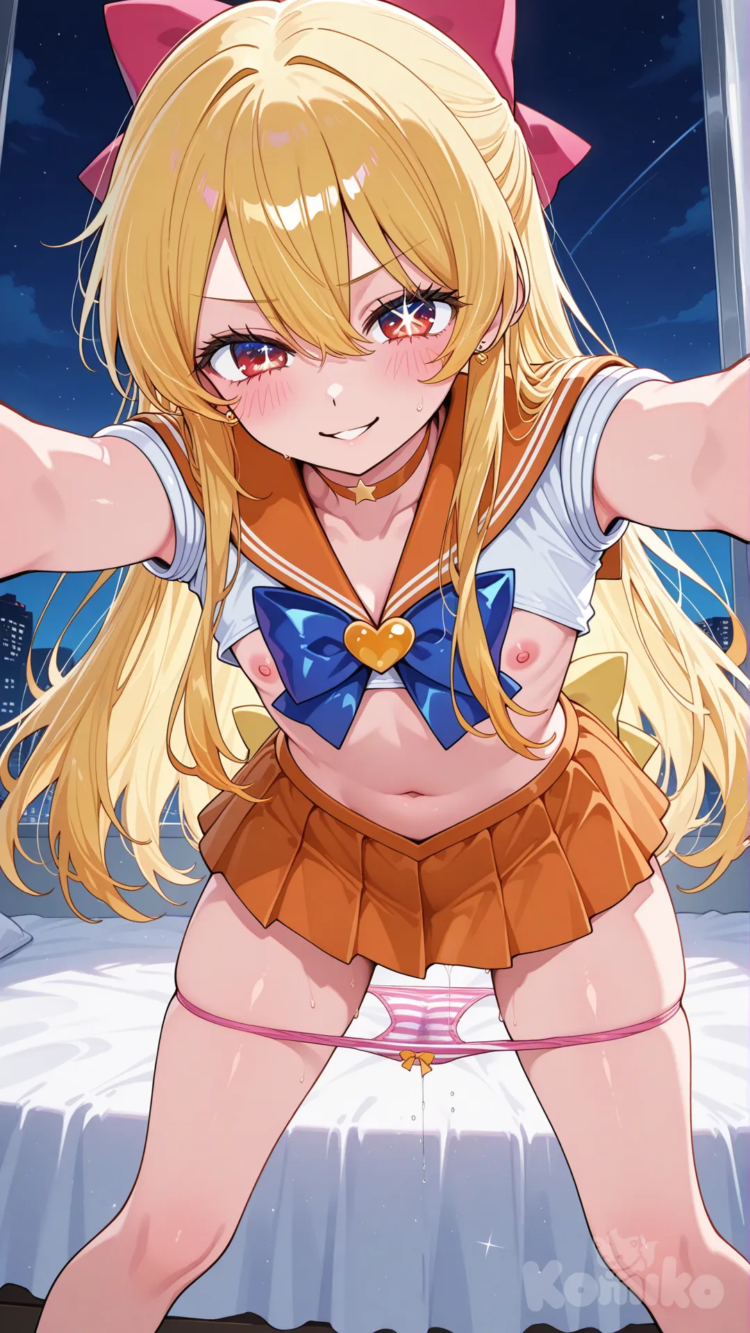 Oshi no ko, Ruby hoshino, blond hair, long hair, flatchest, Sexy sailor Vênus outfit, panties showing, pink striped panties, striking a sexy pose. Nipples, pussy