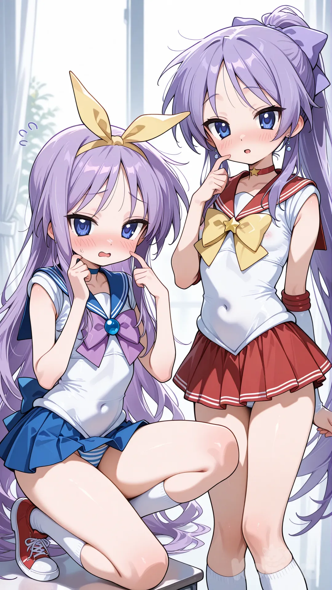 Nsfw, Two anime-style twin girls in the Lucky Star style, light purple/lavender hair, large, bright blue eyes, fair skin. The one on the left, Tsukasa Hiiragi: short, messy hair with a large yellow bow on top, animated expression with open mouth , sexy sailor mercury outfit, arms raised. The one on the right, Kagami: very long hair in a high ponytail with a purple bow, shy and cute expression, finger on cheek, winking, crouching pose with one leg bent. Both wearing sexy sailor mercury cosplay, micro skirts (revealing their panties), pussy, nipples, white panties with blue stripes, sleeveless tops, white knee-high socks, red and white sneakers. Petite and delicate body, moe features, soft lighting, vibrant colors, neutral or blurred background, 2000s anime-style art, .