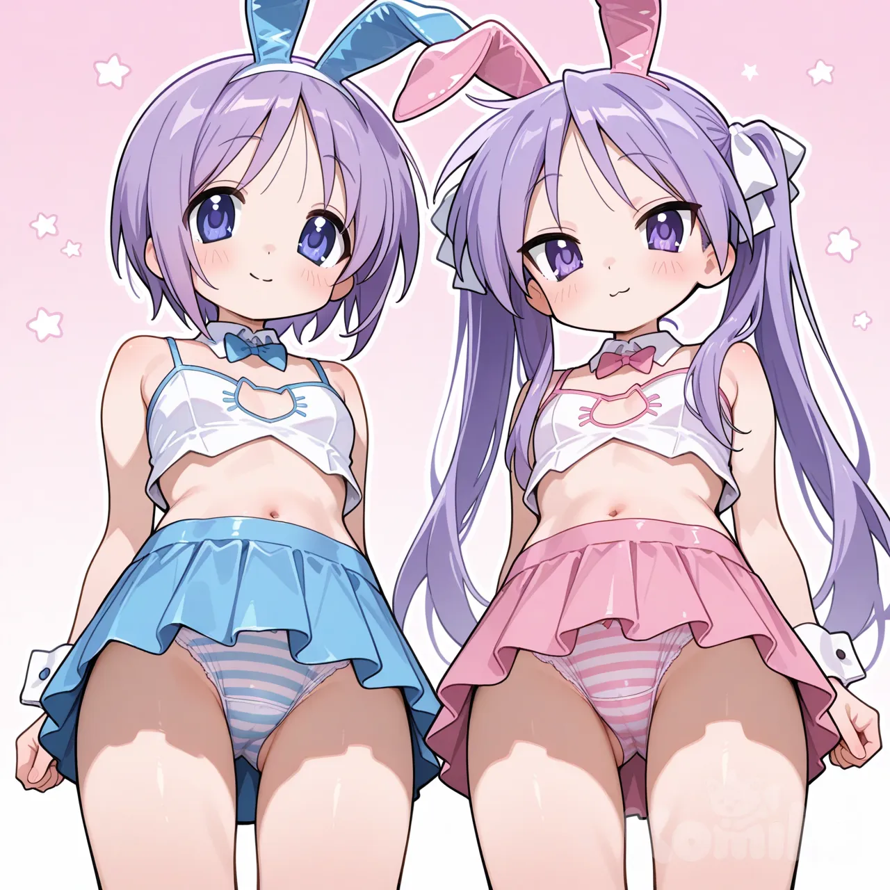 Lucky star, kagami hiiragi, purple hair, pigtails, tsukasa hiiragi, short hair, purple hair, short top with a bunny-shaped neckline, mini short skirt showing the panties, white panties with pink stripes, all pieces in pink and white, uncensored, bunny ear, 2girls