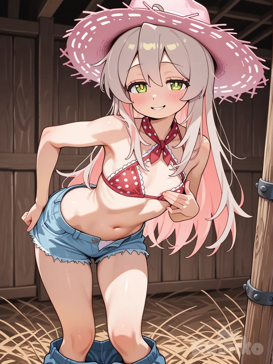oyama mahiro, onii-chan wa oshimai!, 1girl, brown eyes, hair between eyes, pink hair, long hair, grey hair, ahoge, size diference1.4, posing, loli, flatchest, in a sensual and provocative way leaning against an old wooden pole in a rustic barn or old farm, blurred background with aged wood elements and soft natural daylight. She wears a pink straw cowboy hat with pearl details, a red polka dot bikini halter top tied at the neck and back, Pulling down one side of her bikini and showing her breasts., unbuttoned short blue daisy duke jeans pulled down, lowered to the knees, revealing delicate white lace underwear, one hand adjusting the top on her chest and the other on the shorts, confident and seductive facial expression with parted lips, curvy and toned body, warm and natural lighting, uncensored, anatomically perfect hands