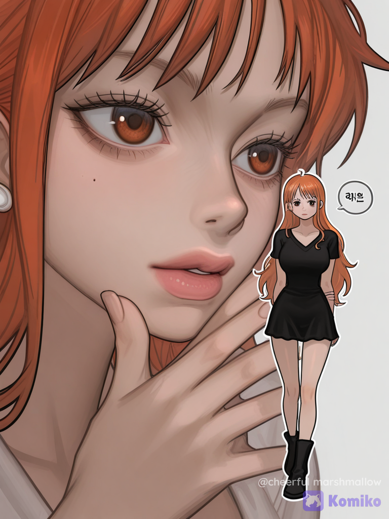 digital painting, vector art, oil painting, watercolor painting, 2D flat illustration, aestheticism, smooth color transitions, fresh and elegant style, blended colors, full body close-up, medium contrast, textured brushstrokes, extreme details, crisp vector lines, finely hair, [digital-painterly-style], 1girl, @Gojou_Satoru, @Nami_(One_Piece)