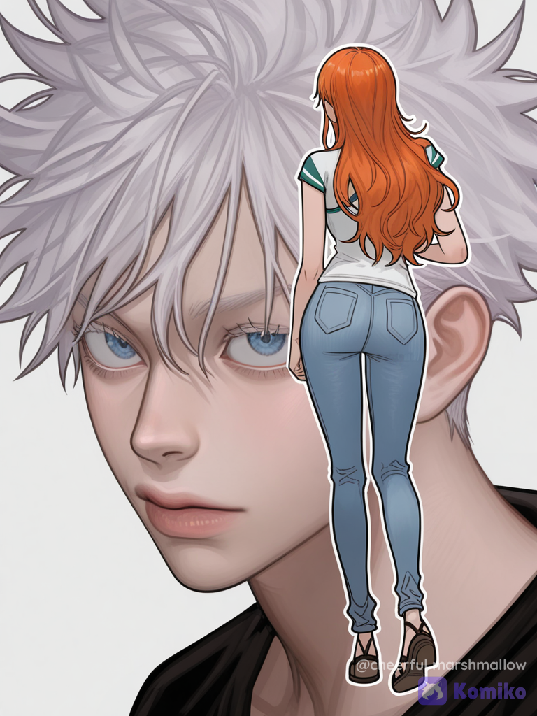 digital painting, vector art, oil painting, watercolor painting, 2D flat illustration, aestheticism, smooth color transitions, fresh and elegant style, blended colors, full body close-up, medium contrast, textured brushstrokes, extreme details, crisp vector lines, finely hair, [digital-painterly-style], 1girl, @Gojou_Satoru, @Nami_(One_Piece)