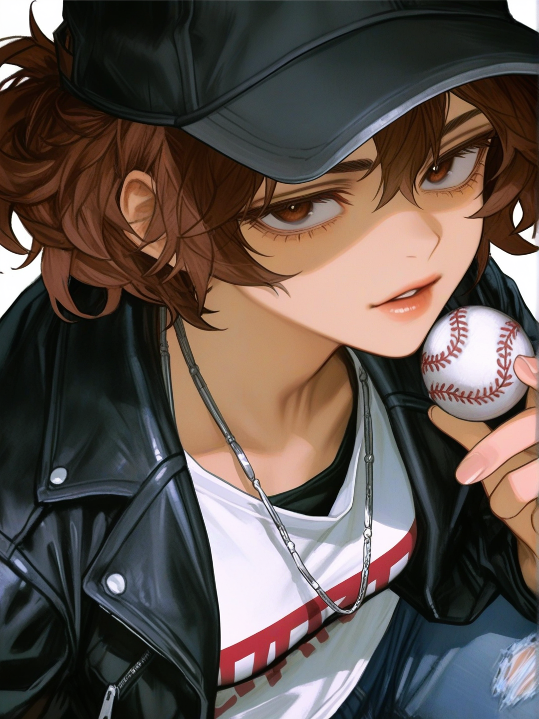 [semi-realistic-portrait-style] 1girl, baseball_cap, necklace, jeans, leather_jacket, t-shirt, dark_skin, brown_eyes, brown_hair, curly_hair, short_hair, teenager, my_hero_academia, single_character, full_body, looking_at_viewer, anime_style, simple_background, white_background