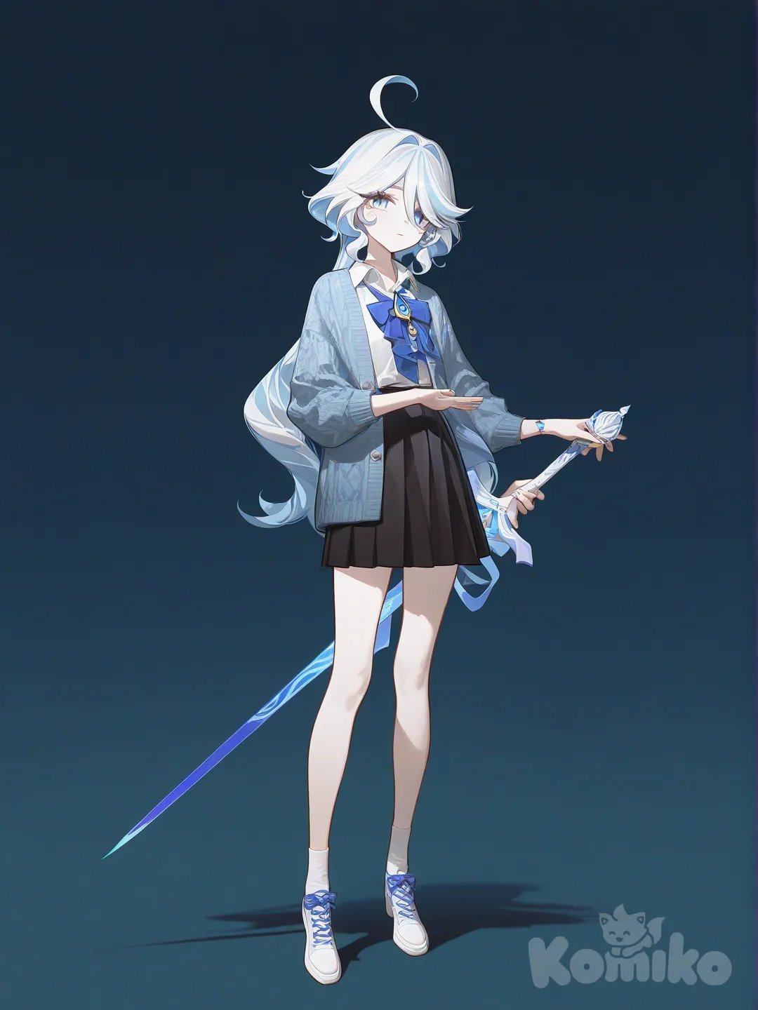 @Furina_(Genshin_Impact), [high-contrast-glossy-style], holding sword, knitted cardigan, full body