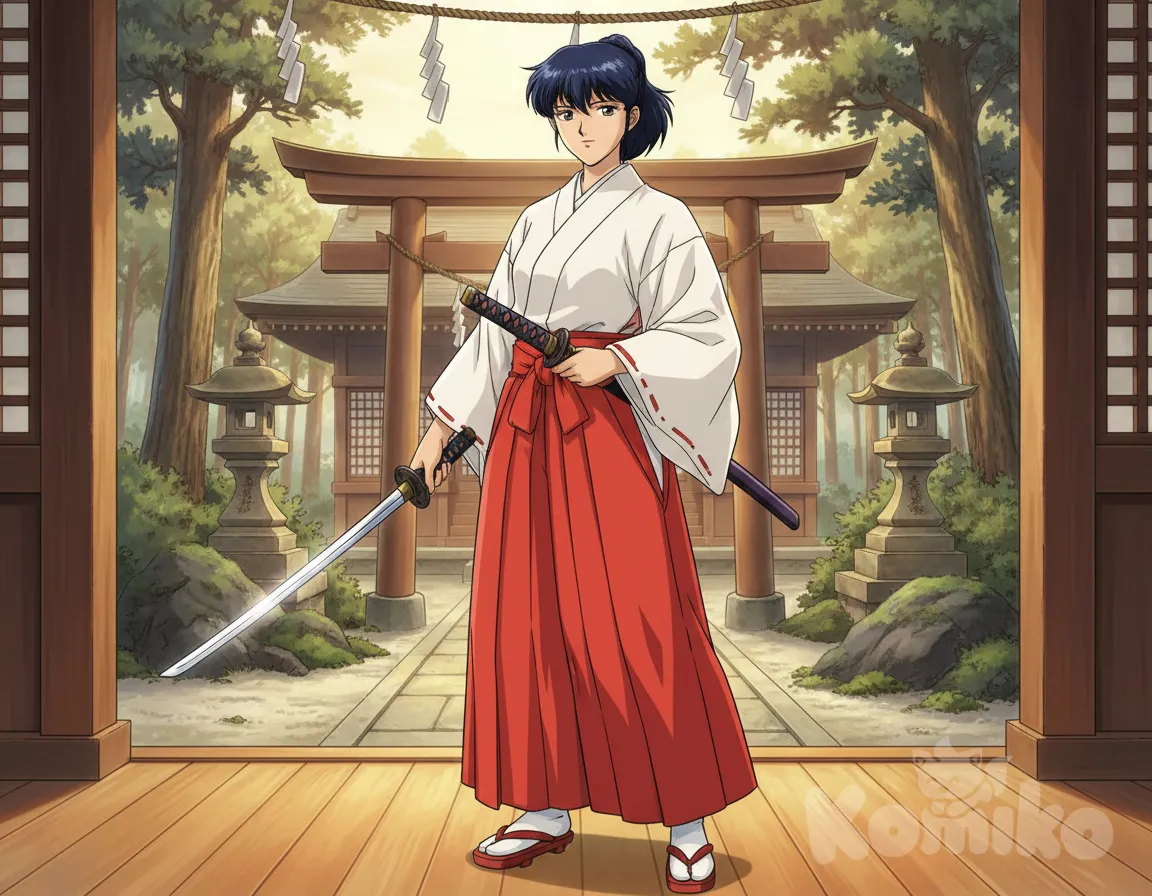 A young shinto miko is depicted holding a traditional sword, her attire reflecting the grace and spiritual essence of her role. She stands poised, embodying a serene yet powerful presence.
