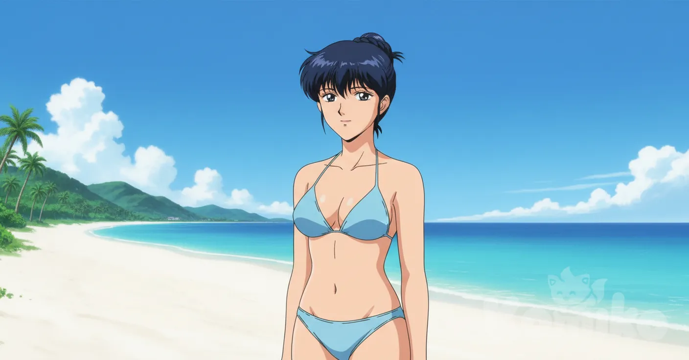 1girl, full body, bikini, beach, anime style