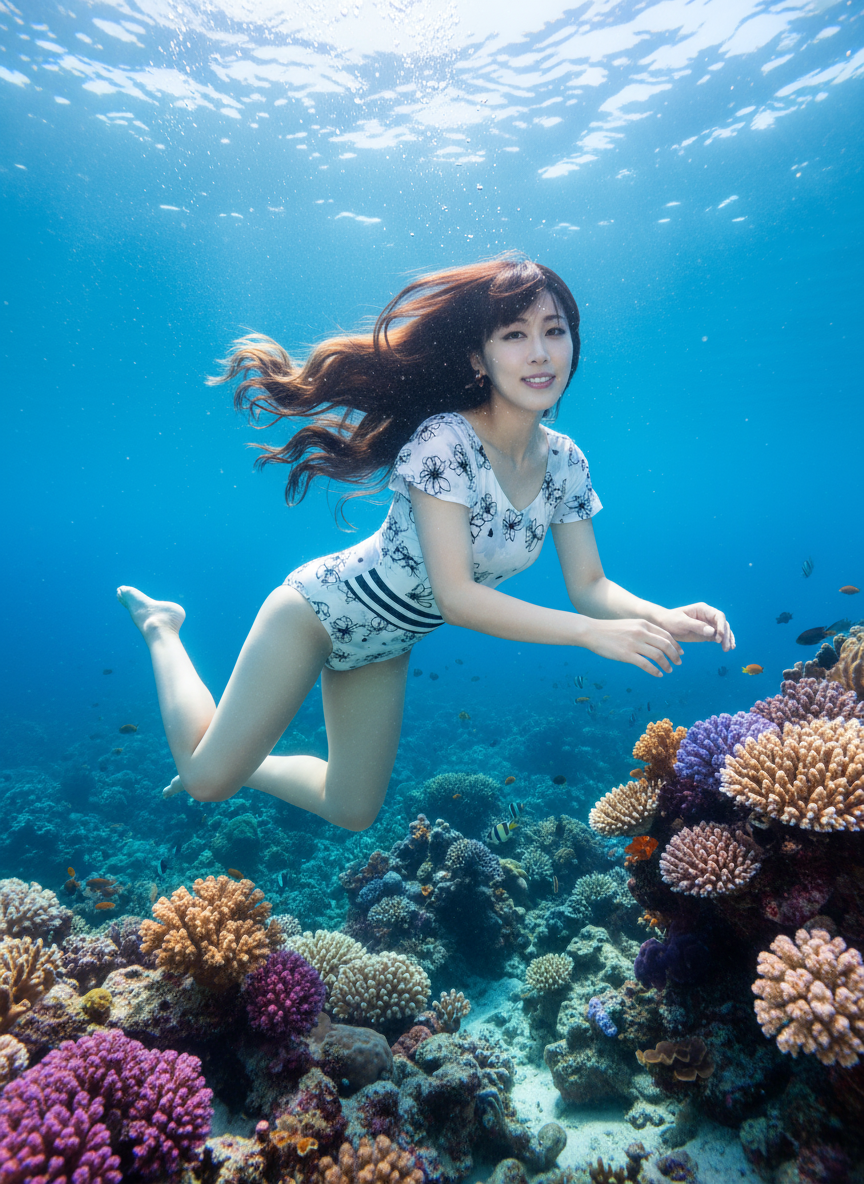 1girl, medium breasts, one-piece swimsuit, ocean, thick thighs, diving, coral