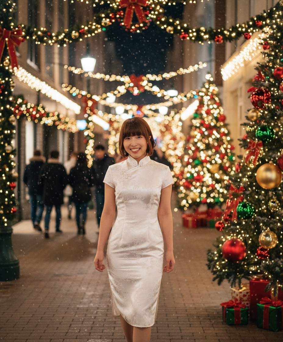 1girl, solo, China dress, white china dress, wear china dress, night, christmas street, walking