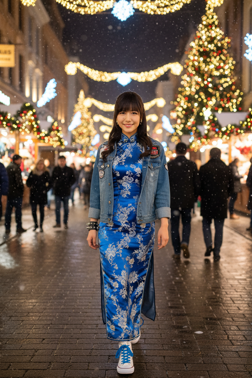 1girl, solo, blue jacket, sneakers, jewelry, studded bracelet, blue china dress, long dress, night, christmas street, walking, smile