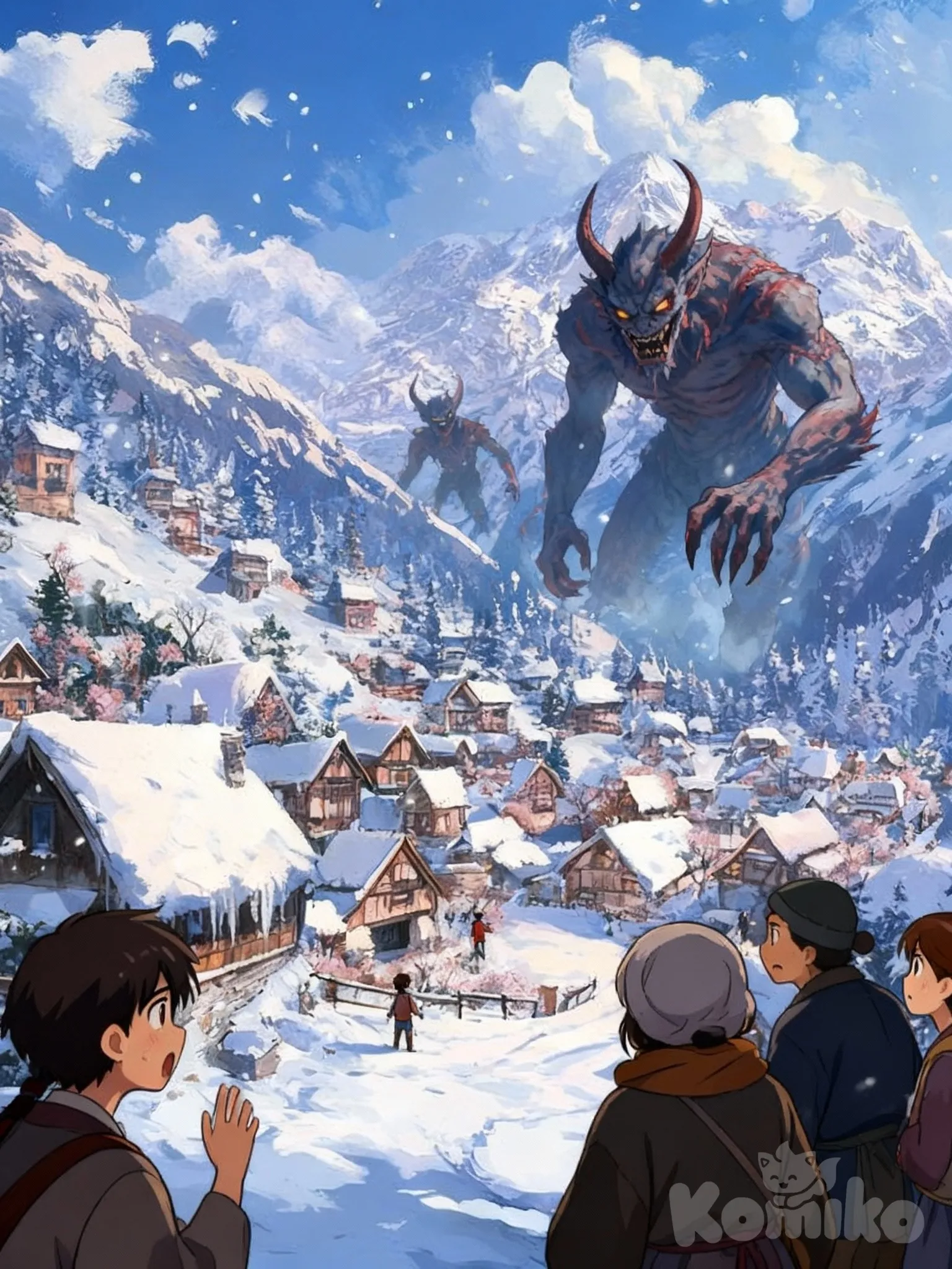 De repente, un rugido rompe la tranquilidad. Los aldeanos miran nerviosos: una jauría montruos demoníacas del tamaño pequeñohumano desciende de las montañas. estilo anime y mas detallado y