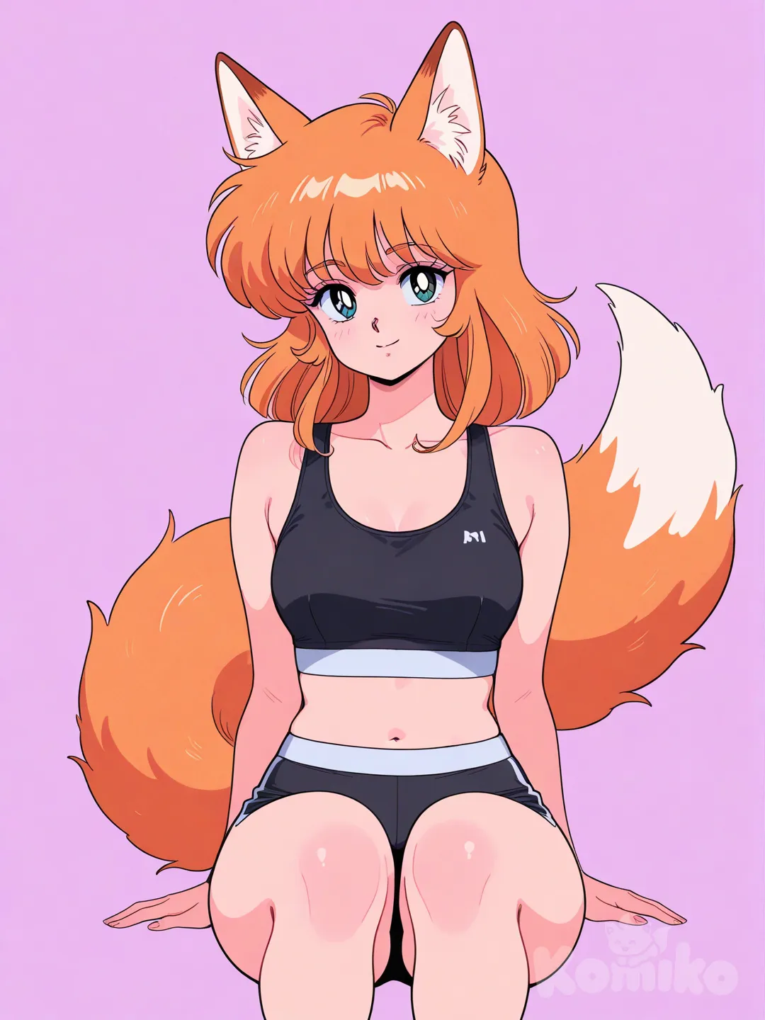 anime coloring, fox girl, 1980s (style), 1990s (style), black sports bra
