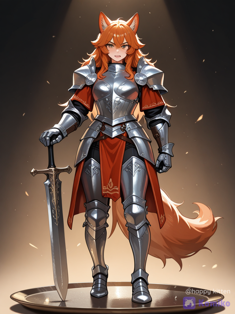 Crea una chica antro pomoefica furry de la especie lobo de pelaje fino, igual los detalles de su rostro quiero que se vea más femenina y que tenga pelo largo en la cabeza, también quiero que tenga expresión de orgullo,con una armadura de cuerpo completo y una espada ancha cuida los detalles de la armadura que la armadura resalte su figura un poco quiero que se vea impecable igual que la espada lo más realista posible