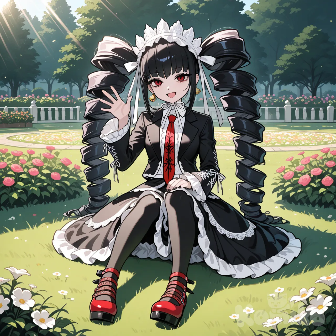 @Celestia_Ludenberg, sitting on the ground, waving, smile, open mouth, full body, closeup, garden, [glossy-anime-style]