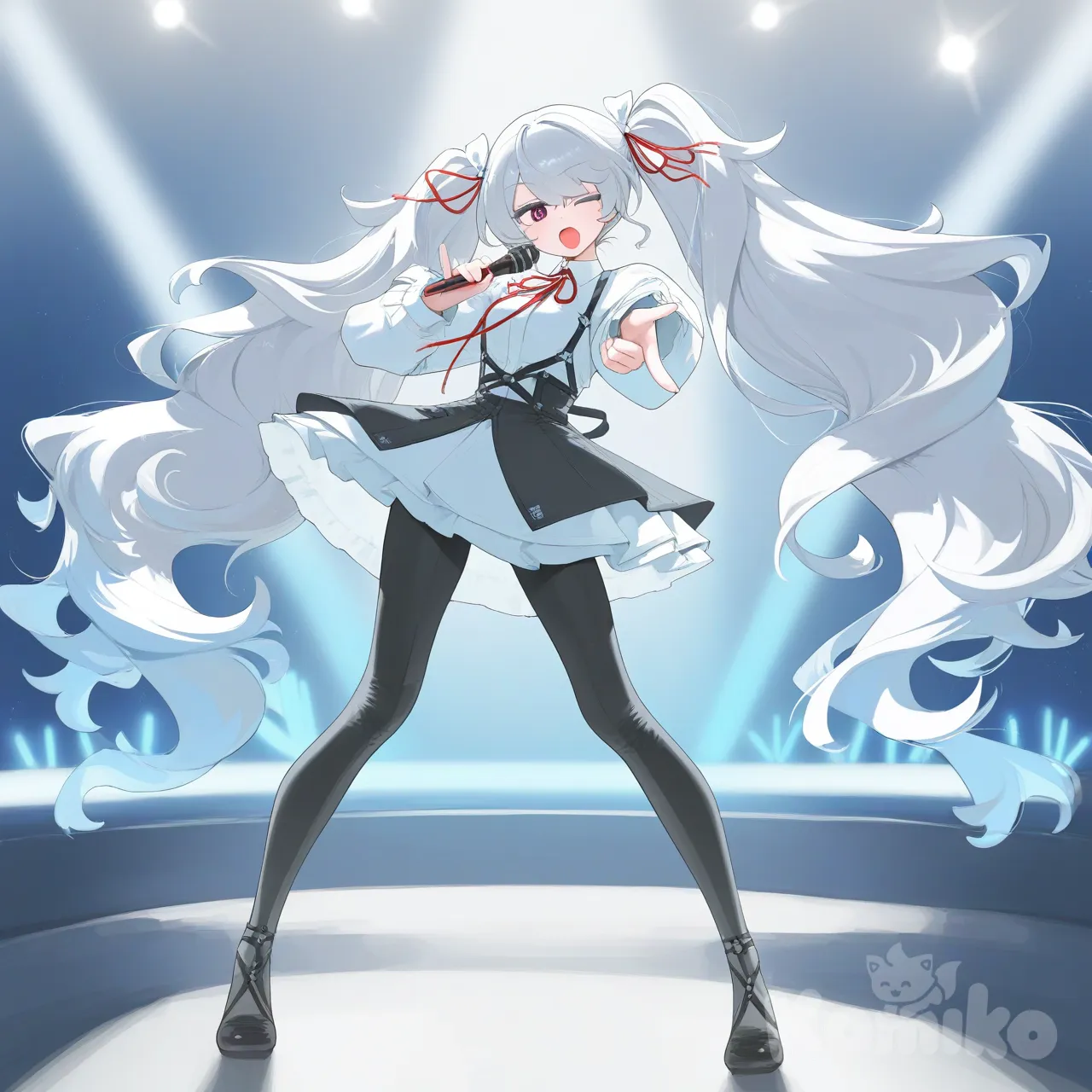 25-Ji Miku, singing, pointing at viewer, open mouth, one eye closed, full body, looking at viewer, front profile photo, stage, [vibrant-anime-style]