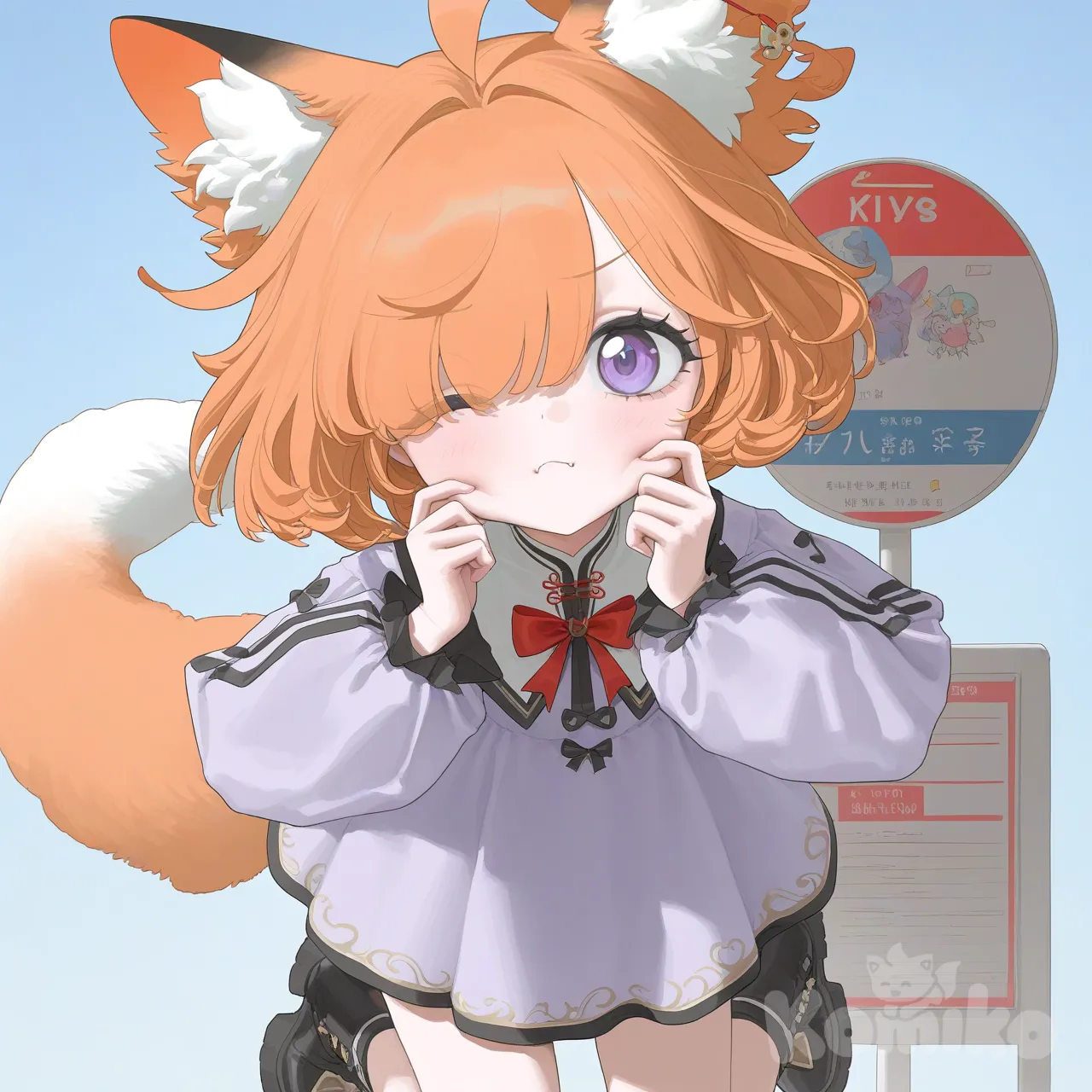 @Komiko_Chan, face pinching, one eye closed,害羞， frown, open mouth, looking at viewer, headshot, closeup, bus stop, blue sky, day, [vibrant-anime-style]