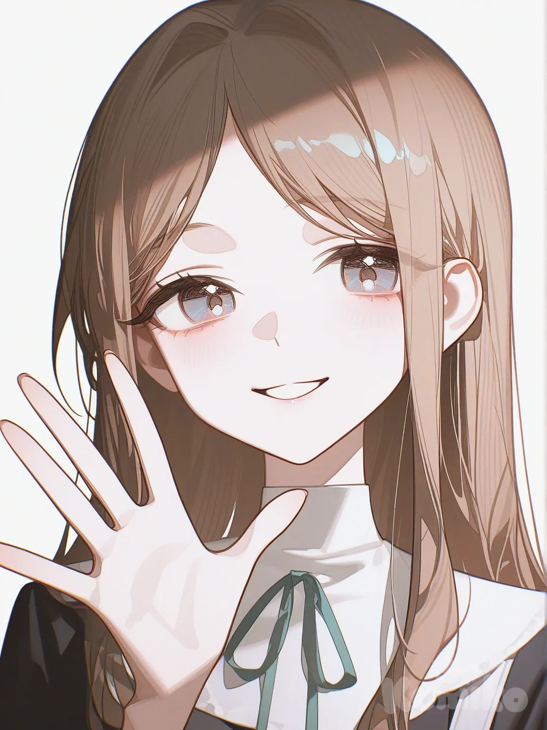 @Nagasaki_Soyo, waving, upper body, closeup, white background, [high-contrast-glossy-style]