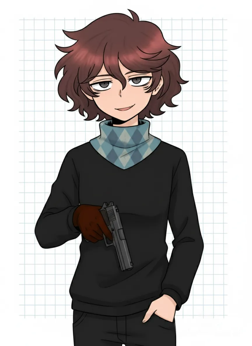 Mirando el espectador, con una pistola, con una sonrisa coqueta , anime style