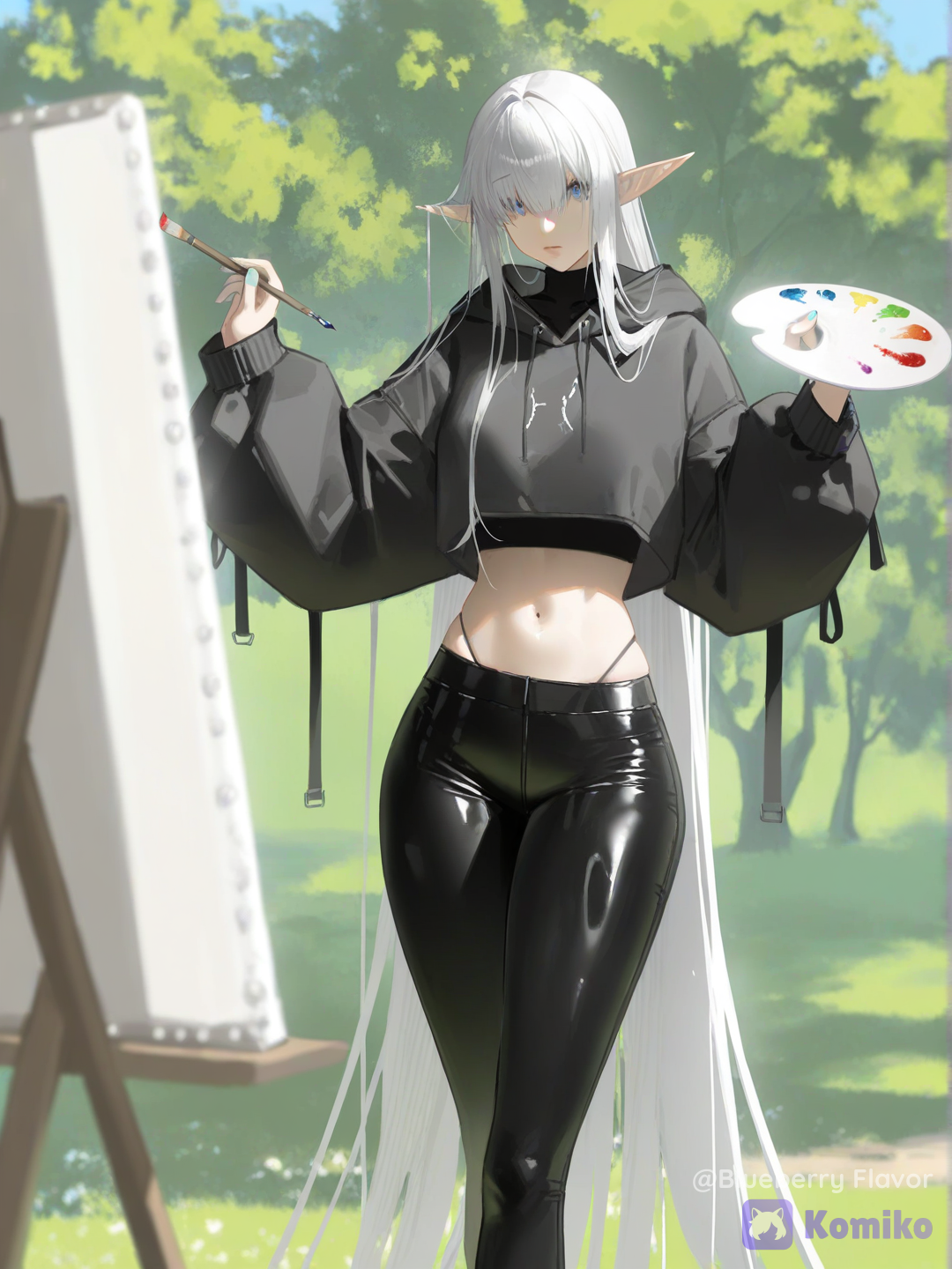 @altair-OWih, [aqua-dreamlight-style], oversized hoodie, easel, paints, is drawing, park