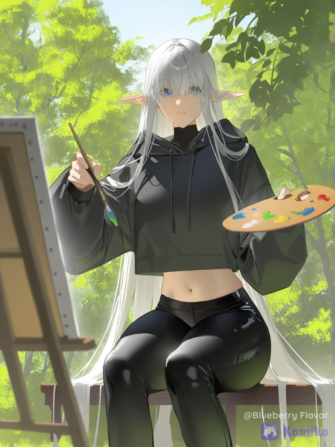 @altair-OWih, [aqua-dreamlight-style], oversized hoodie, easel, paints, is drawing, park, sitting
