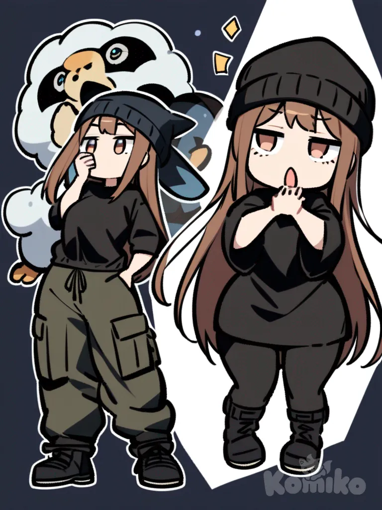 A girl with very long brown hair, brown eyes with dark circles, looking tired. She is yawning, with one hand in front of her mouth. She has a curvy figure but not too much. She is wearing black cargo pants, large black boots, a dark blue oversized top, and a black beanie. There is a Luxray behind her, which she is leaning against. There is a Goupelin looking at her, with a gentle expression. Then a Zoroark a little further back, more withdrawn, watching over them. There is a Mawile looking ahead, with a more aggressive expression as if to protect the girl.Then her Lucario, who is sitting next to her, watching her lovingly with his shiny umbreon lying against him. In Pokemon Style.