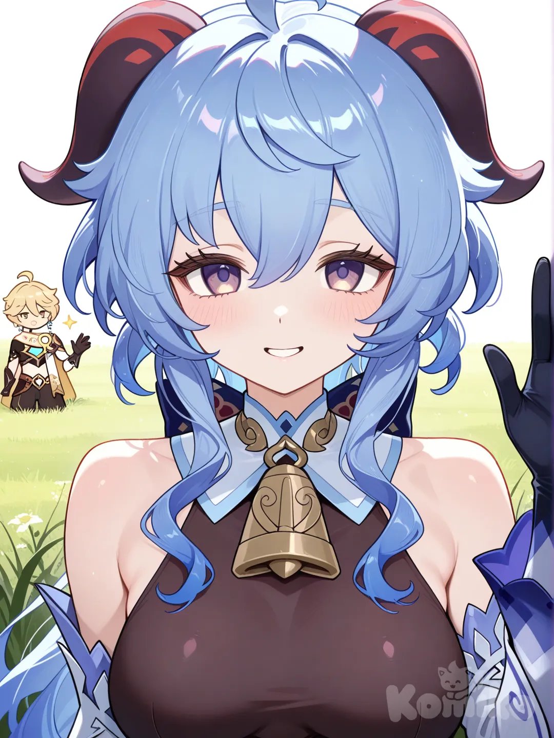 18+, @Ganyu_(Genshin_Impact), waving, vest, portrait, ambient light, clean background, white background, grassland, @Aether_(Genshin_Impact), 1boy