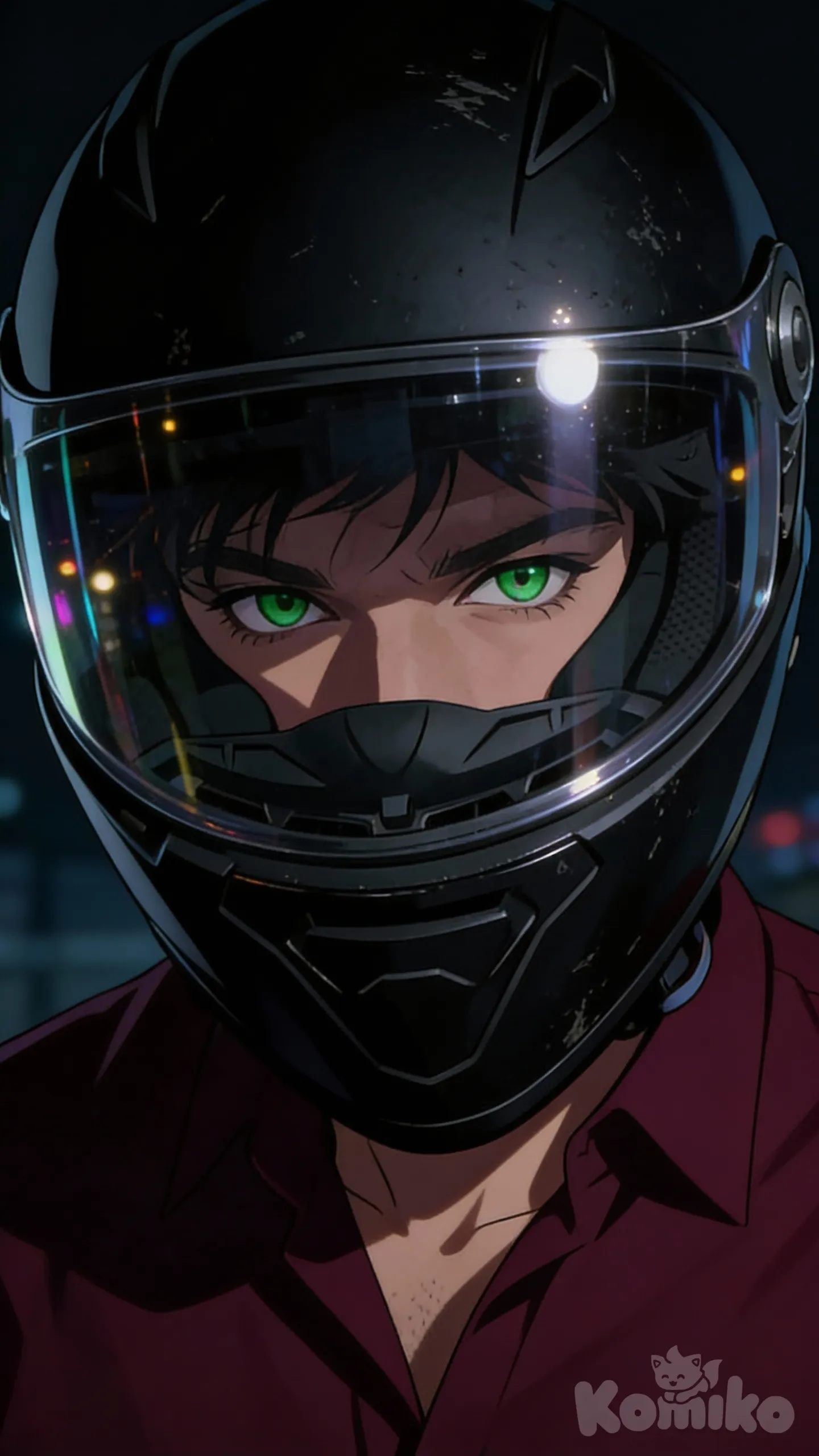 A close-up cinematic anime portrait of a lone rider wearing a black full-face motorcycle helmet at night. Only his intense, expressive eyes are visible through the clear visor, reflecting dim streetlights and a quiet inner resolve. The helmet is sleek and slightly worn, with subtle reflections and fine surface details. He wears a dark maroon shirt beneath the helmet, adding warmth and contrast to the otherwise shadowy composition. The background is minimal and dark, suggesting an empty road or late-night stop, softly blurred to keep focus on the eyes. Lighting is low-key and dramatic, with gentle highlights on the visor and deep shadows around the face. Art style is highly modern anime with realistic proportions, smooth shading, cinematic lighting, and a moody color palette. The overall mood is introspective, mysterious, calm yet intense—capturing solitude, strength, and silent determination., @Alhaitham_(Genshin_Impact)