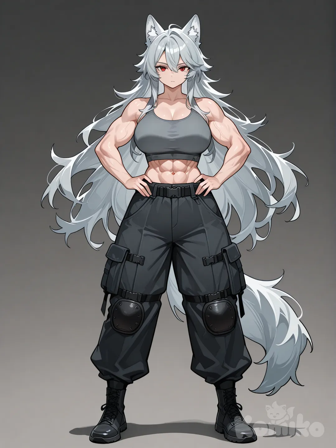 Creating an OC (Original Character) girl with animal ears. She has gray wolf ears, long, flowing gray hair, and a cold, expressionless face.
Her eyes are a deep red. She's tall and well-built from head to toe, with a large bust and a six-pack. She's wearing a gray tank top and black military-style pants with a wolf tail. She's posing in a cool, confident stance.