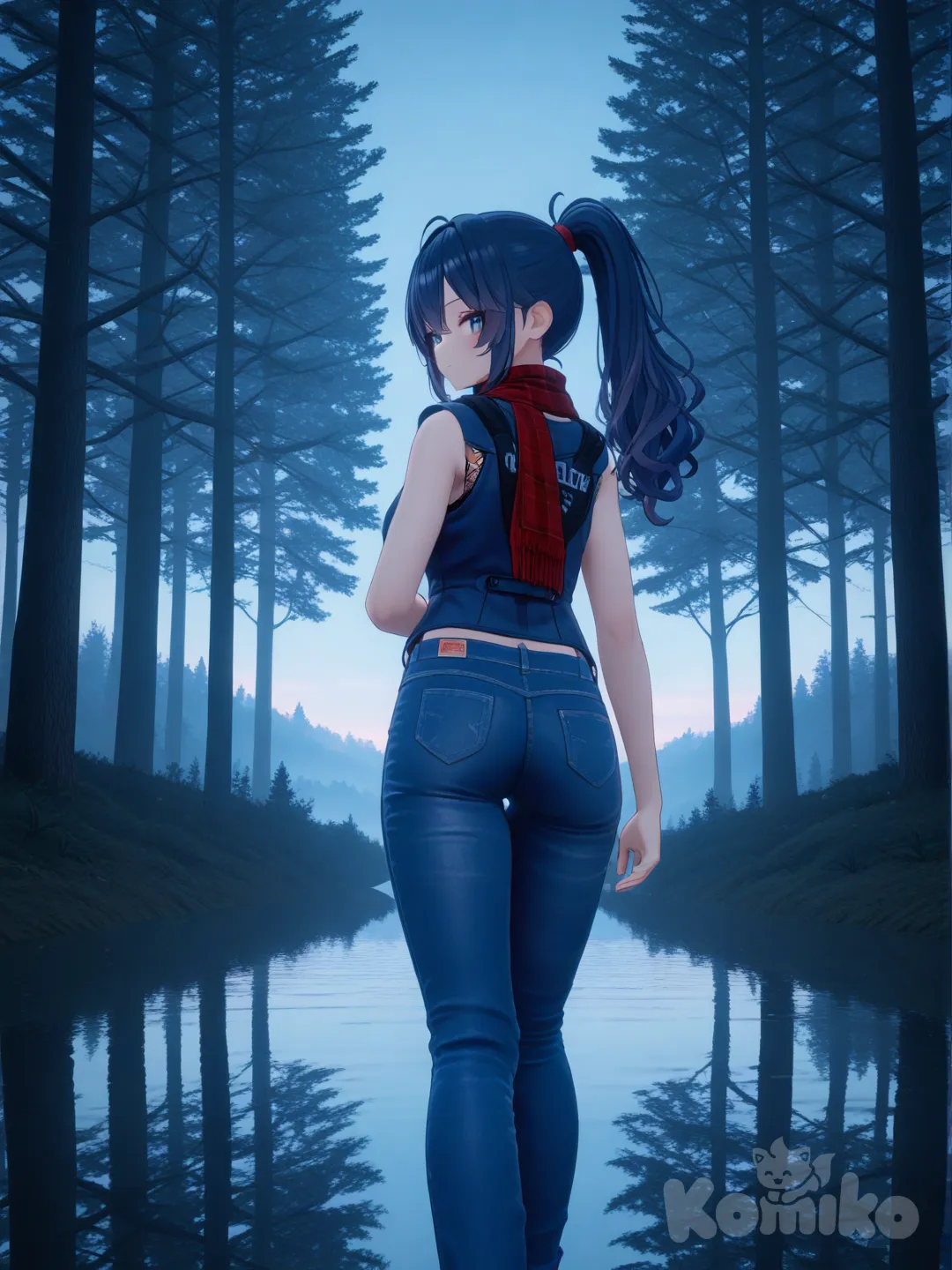 1girl, forest, twilight, panoramic lens, vest, jeans, scarf, high ponytail, navy blue, looking back, [3d-anime-style]