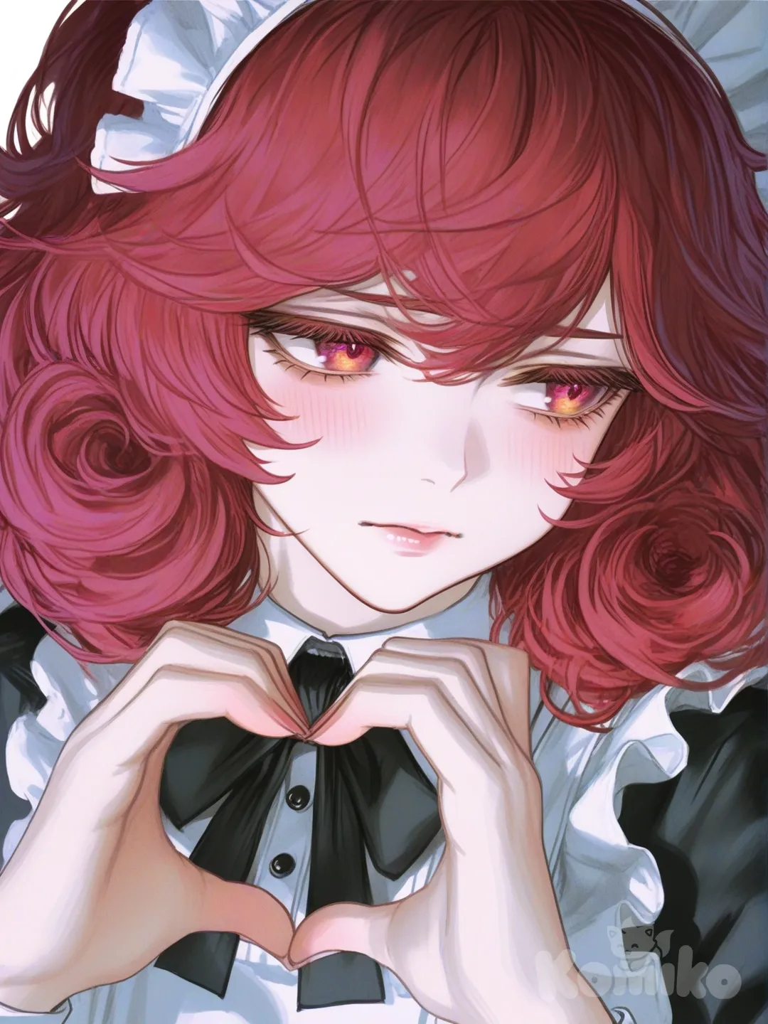 [semi-realistic-portrait-style], heart hands, fluffy curls, looking away, maid, chubby, futuristic