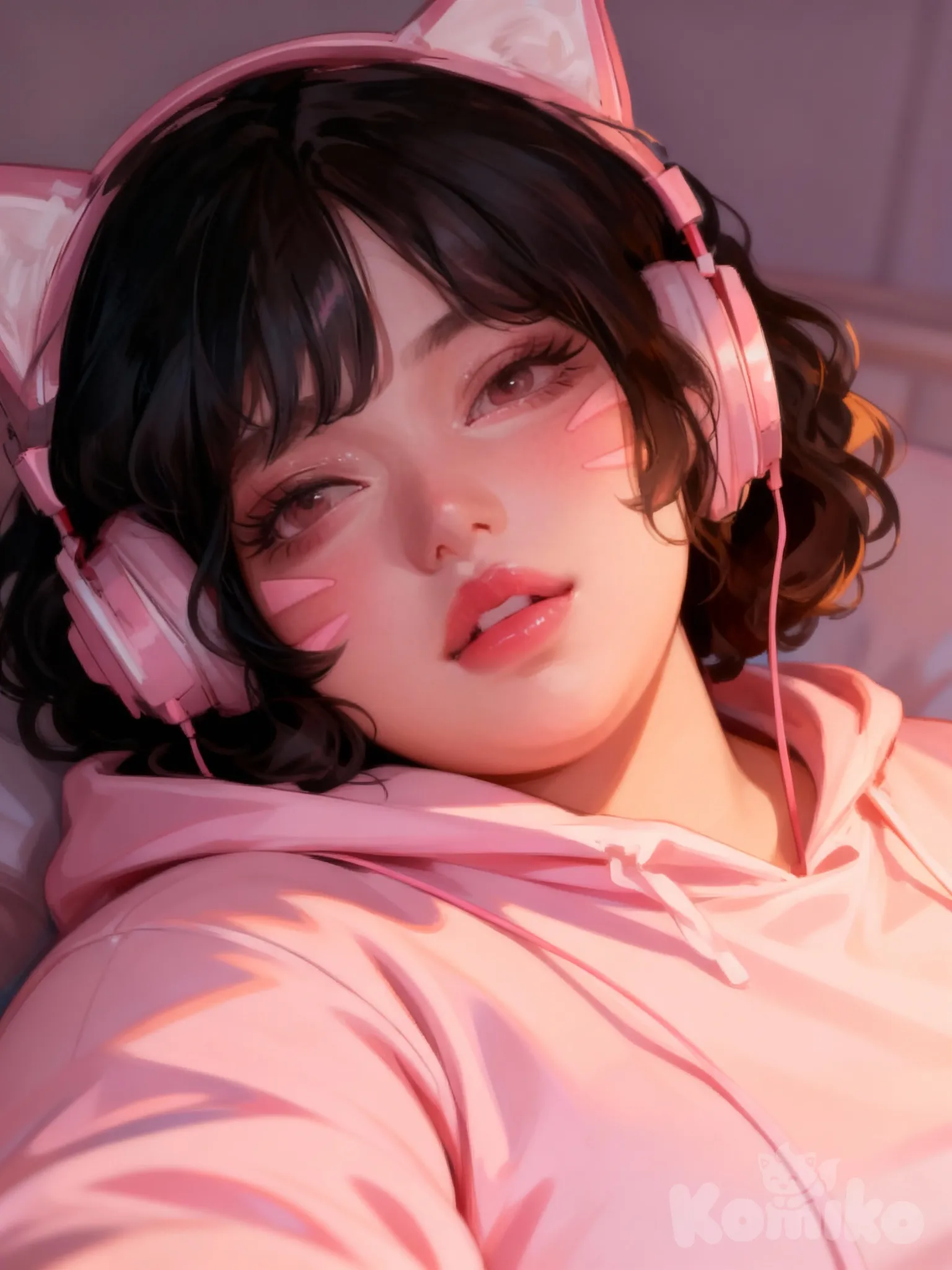 A semi-realistic anime girl illustrated in a soft digital painting style with pastel e-girl aesthetic. She has a cute chubby body (chubby, not obese), soft facial features, and short, fluffy curly black hair. She is positioned close to the camera in a relaxed, slightly tilted angle, as if taking a soft selfie. Her gaze is gentle and directed toward the viewer. She wears pastel pink cat-ear headphones and a pink hoodie. Subtle pink face markings, glossy lips, warm blush. Dreamy warm lighting, soft shading, delicate highlights, pastel color palette, highly [digital-painterly-style]