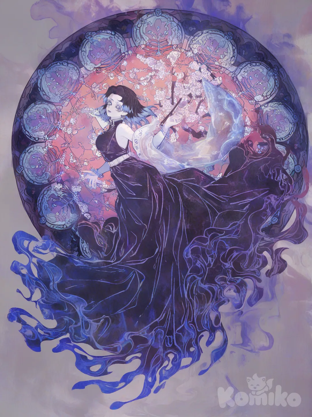 Demon slayer, [watercolor-illustration-style], dancingdress, full body, wide shot