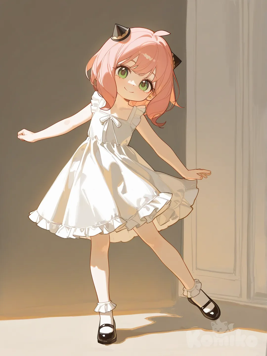 @Anya_(Spy_X_Family), [lacquered-illustration-style], dancing, white dress, full body, wide shot