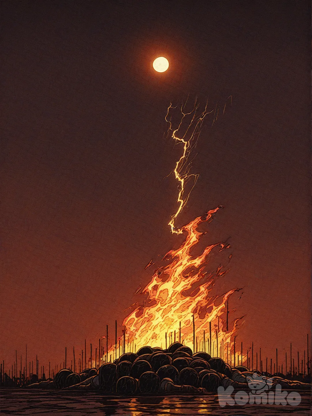 Reflex in the sky tells you, you're gonna die. Storm coming you better hide from the electric tide.
Robot minds of robotic slaves lead them to atomic graves, plastc flowers, melting sun. Fading moon falls upon dying world of radiation , victims of men frustratiin. Burning glove of obscene fire 
LIKE ELECTRIC FUNERAL PIRE!, [action-manga-style], cinematic lighting