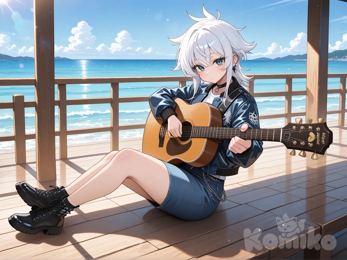 portrait, blue sky, pier, cafe, cinematic lighting, stage light, day, full body, looking at viewer, sitting on the ground, pointing at viewer, punk leather jacket, spiky hair, navy blue, varsity jacket, denim skirt, suit

Маскот @Marie Bibika девушка с гитарой