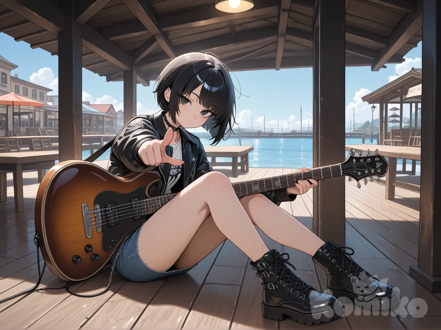 portrait, blue sky, pier, cafe, cinematic lighting, stage light, day, full body, looking at viewer, sitting on the ground, pointing at viewer, punk leather jacket, spiky hair, Coal Black Bob Hairstyle , varsity jacket, denim skirt, suit
Маскот @Marie Bibika девушка с гитарой