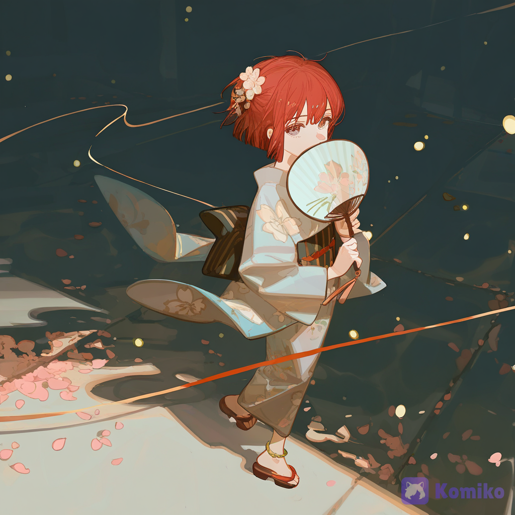 [dazzling-illustration-style], young girl, bob cut, messy hair, pastel hair color, short red hair, grey eyes, japanese yukata, bracelet, anklet, hair accessory, jewelry, headshot, closeup, rim light, glowing particles, golden hour, cherry blossom path in shoen, holding a fan
