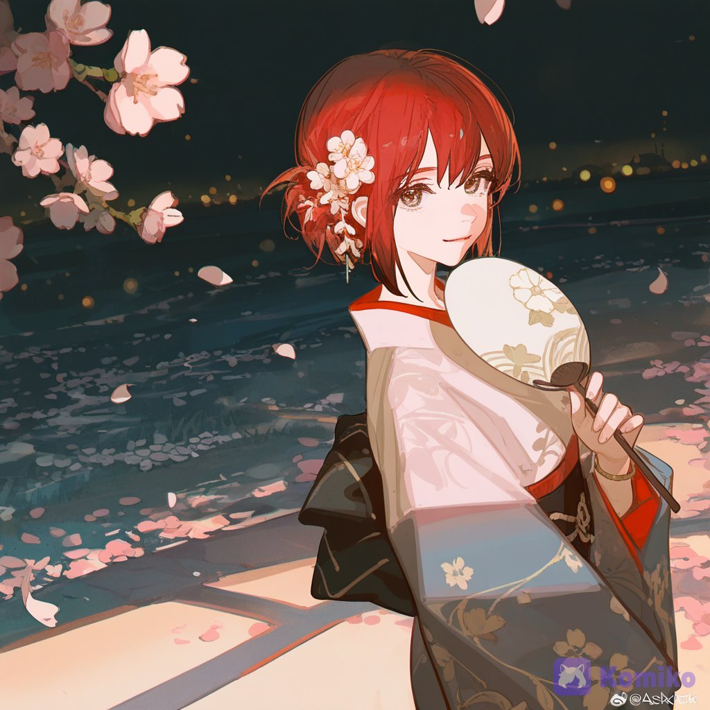[dazzling-illustration-style], adult girl, bob cut, messy hair, pastel hair color, short red hair, grey eyes, japanese yukata, bracelet, anklet, hair accessory, jewelry, headshot, closeup, rim light, glowing particles, golden hour, cherry blossom path in shoen, holding a fan