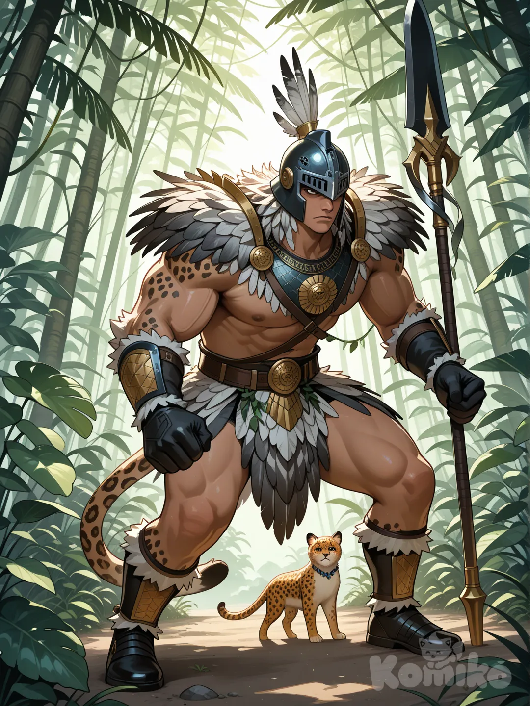 Guerras águila azteca, con un traje echo de plumas blancas y distintas tonalidades de gises en la selva ecuatoriana con un jaguar a su lado