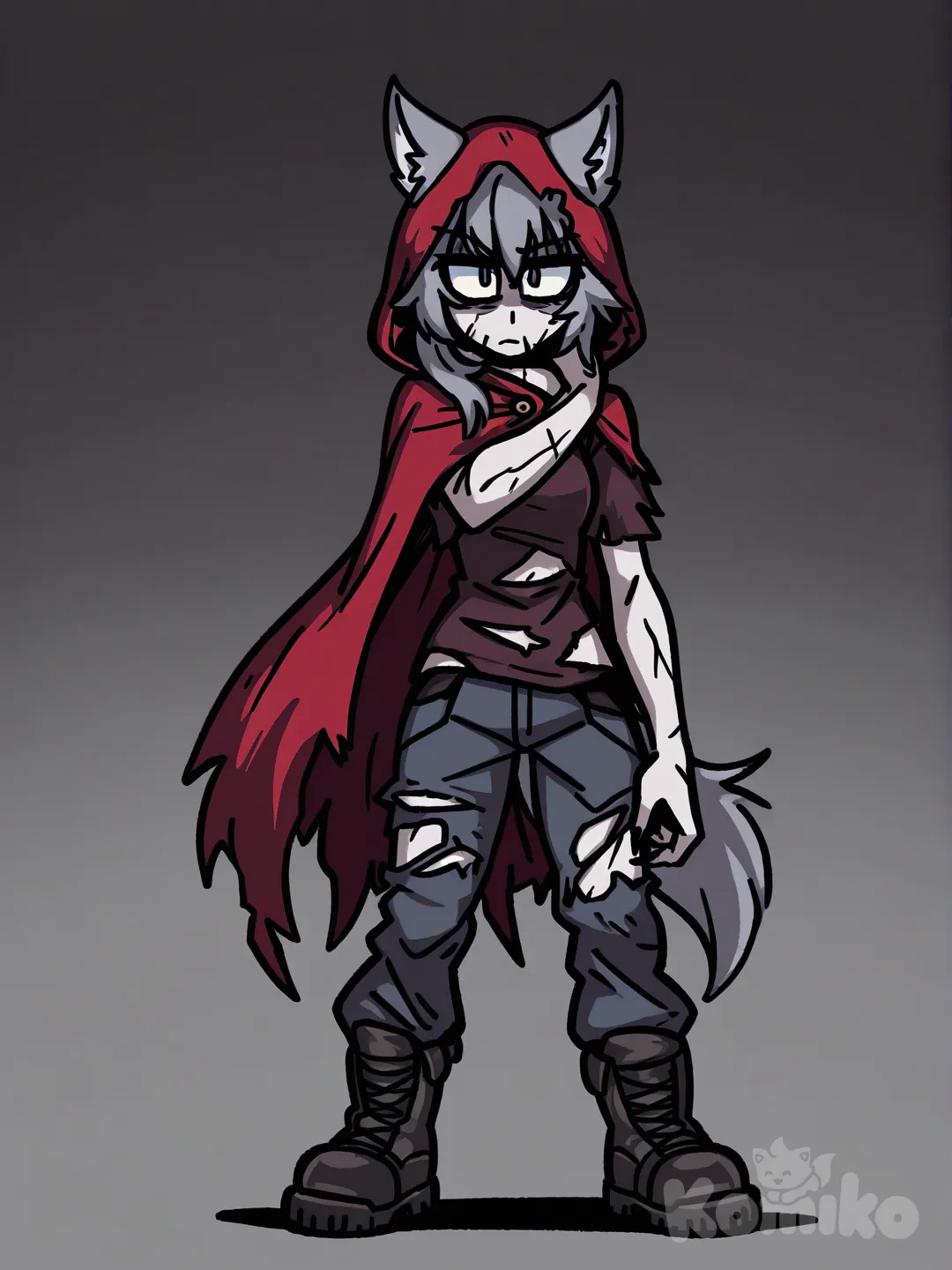 anime girl, undead, gray wolf ears, wolf tail, wolfgirl, torn clothes, red hood, red cape, torn t-shirt, combat boots, grey skin, grey hair, long messy haircut, hand with claws, monster claws, [helltalker-style], anime art