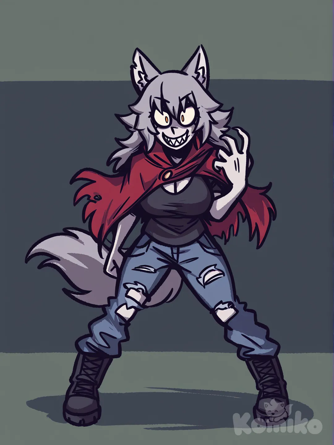 anime girl, scratchs, gray wolf ears, wolf tail, wolfgirl, torn clothes, red cape, torn t-shirt, jeans, combat boots, grey skin, grey hair, long messy haircut, hand with claws, monster claws, calm look, crazy look, [helltalker-style], anime art