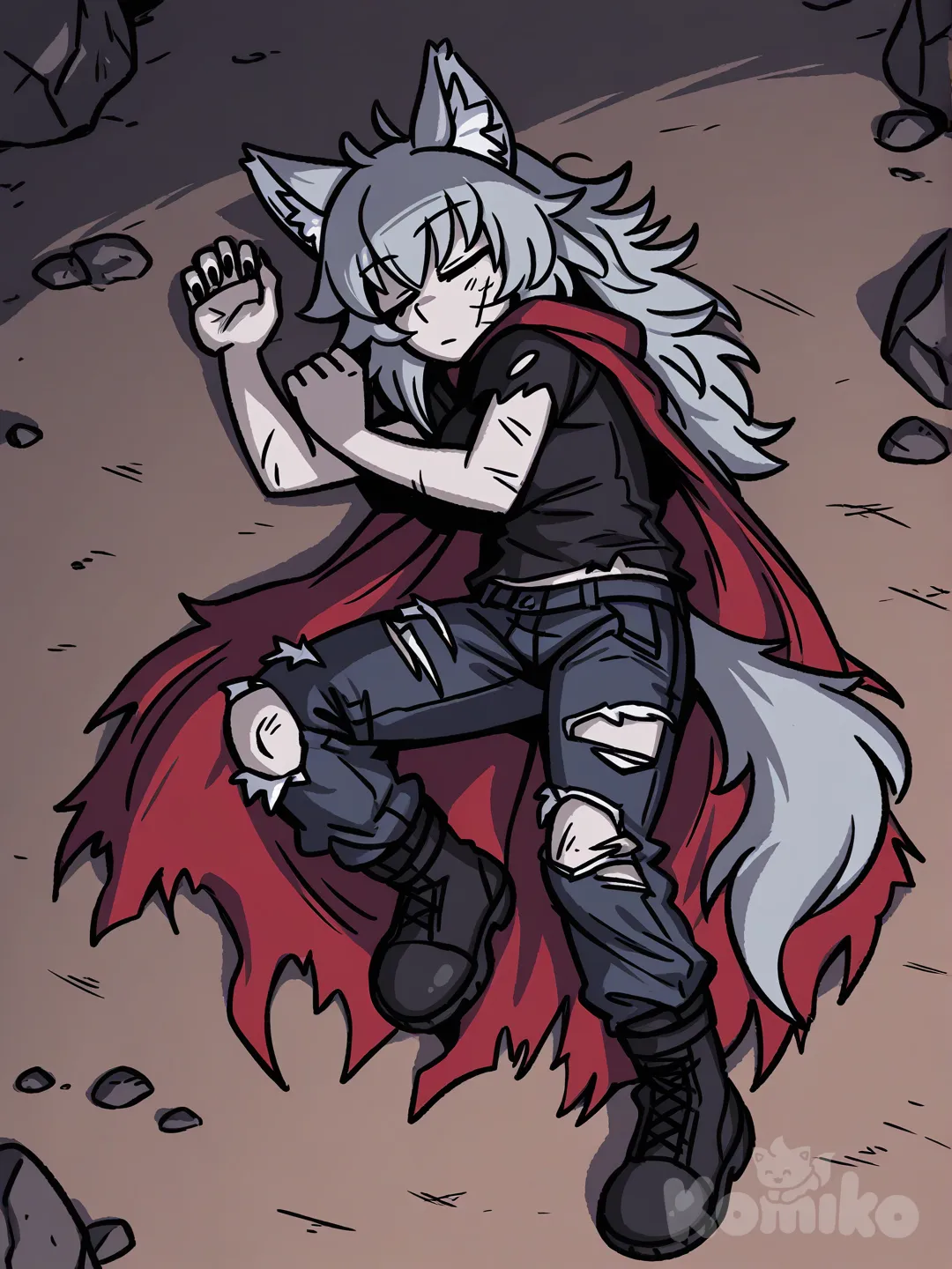 anime girl, scratches, gray wolf ears, wolf tail, wolfgirl, torn clothes, red cape, torn t-shirt, torn jeans, combat boots, grey skin, grey hair, long messy haircut, hand with claws, monster claws, cute look, [helltalker-style], lying on the ground, sleeping, anime art