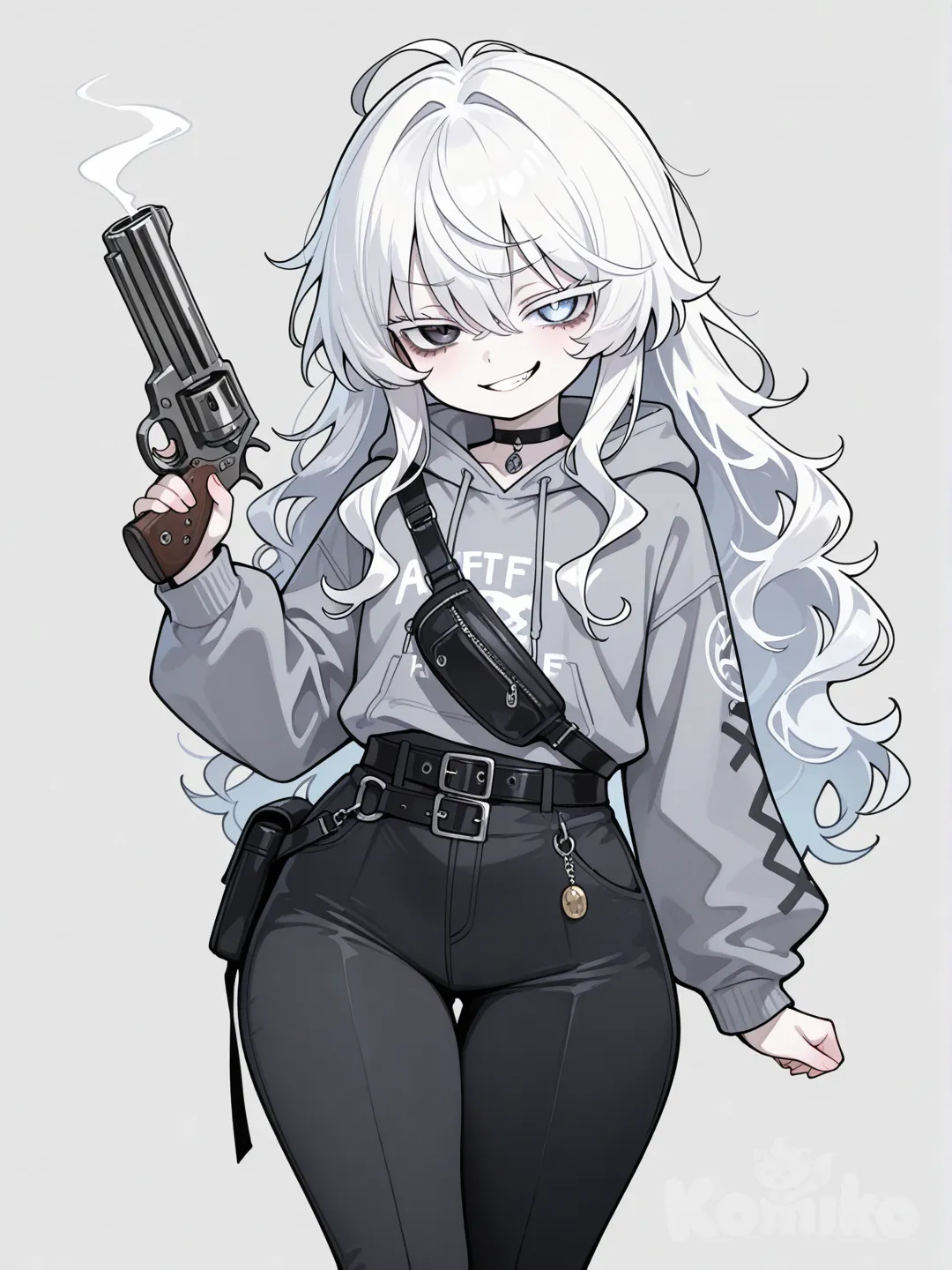 perfect face, extremely simple background, grey background, bratty girl, naughty face, smirk, 1girl, teenager, large hips, shortstack, white hair, wavy hair, long hair, heterochromia, pale-blue right eye, grey left eye, hoodie, grey hoodie, black pants, pouch, choker, long sleeves, belt bag, black belt bag, sci-fi revolver in hand, loli