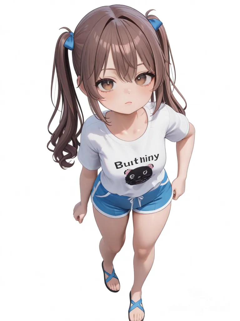 [3d-anime-style] 1girl, brown hair, twintails, brown eyes, fair skin, curvy, petite, teenager, t-shirt, beach shorts, anime coloring, realistic, cartoon, single character, full body, looking at viewer, anime style, simple background, white background