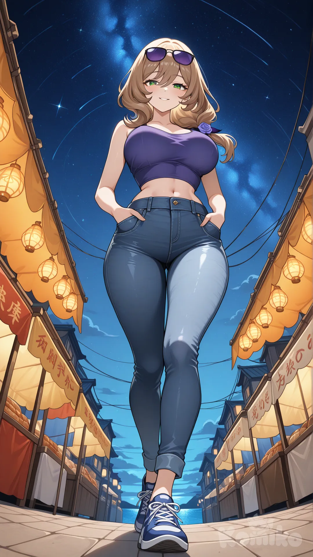 @Lisa_(Genshin_Impact) (big cool sister) 

#big sister style , Very good figure , 

#side view 

 # upper body (Focus on the upper body, from the waist up.)

#looking at viewer #full body#, up view , #full body ,from above , day , funny , relaxed, anime style , 

#cool post

,deep sea blue Thin Cropped tank top , jeans , deep sea blue running shoes , sun glasses

relax , Taking a stroll, walking on a sidewalk , on a midnight sunnyday , in the sreet in night market , It has a view of the sea and beach as a backdrop