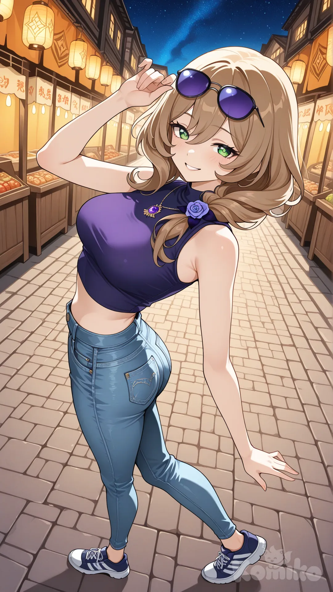 @Lisa_(Genshin_Impact) (big cool sister) 

#big sister style 

#side view 

#looking at viewer #full body#, up view , #full body ,from above , day , funny , relaxed, anime style , 

#cool post

,deep sea blue Thin Cropped tank top , jeans , deep sea blue running shoes , sun glasses

relax , Taking a stroll, walking on a sidewalk , on a midnight sunnyday , in the sreet in night market , It has a view of the sea and beach as a backdrop