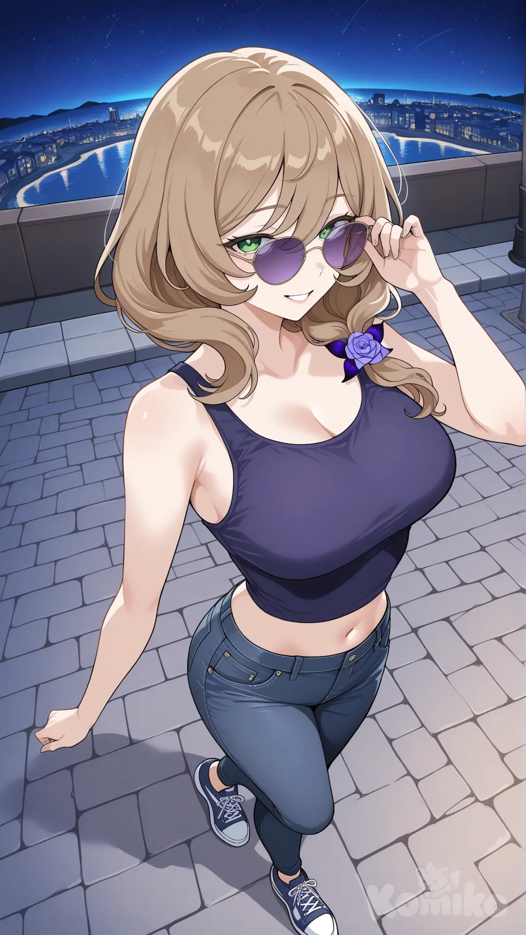 @Lisa_(Genshin_Impact) (big cool sister) 

#big sister style 

#side view 

#looking at viewer #full body#, up view , #full body ,from above , day , funny , relaxed, anime style , 

#cool post

,deep sea blue Thin Cropped tank top , jeans , deep sea blue running shoes , sun glasses

relax , Taking a stroll, walking on a sidewalk , on a midnight sunnyday , in the sreet in night market , It has a view of the sea and beach as a backdrop